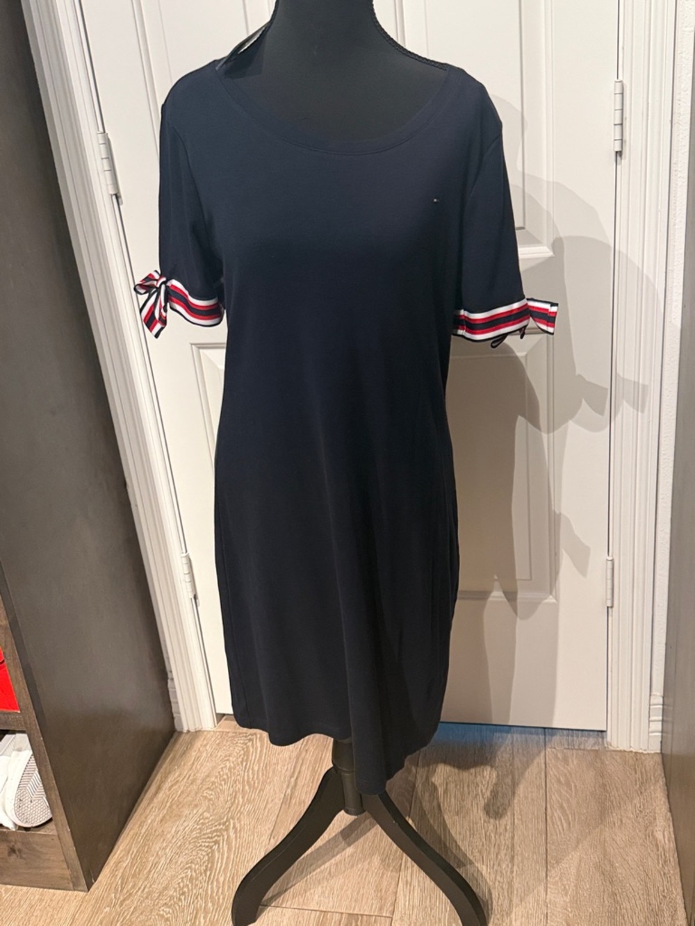 Tommy Hilfiger Navy Midi Dress with Red-White-Blue Sleeve Ties